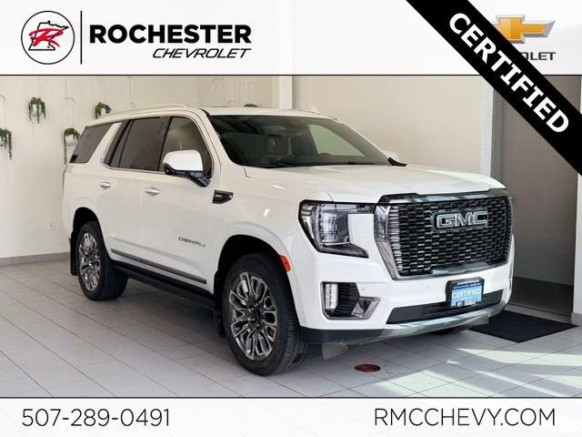 2024 GMC Yukon Denali Ultimate in White Frost Tricoat — front three-quarter view