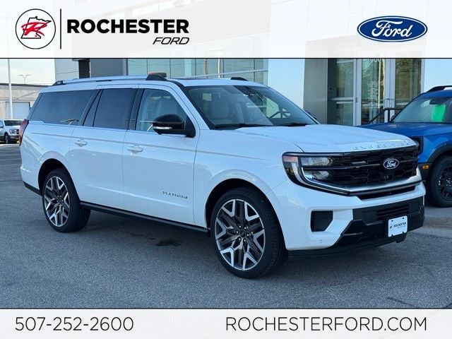 2027 Ford Expedition Max Platinum w/Ultimate Pkg + Panoramic Vista Roof in White — front three-quarter view