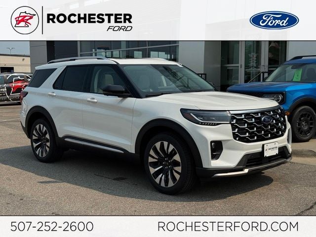 2026 Ford Explorer Platinum w/Glass Roof + Lux Leather Pkg in Star White Metallic Tri-Coat — front three-quarter view