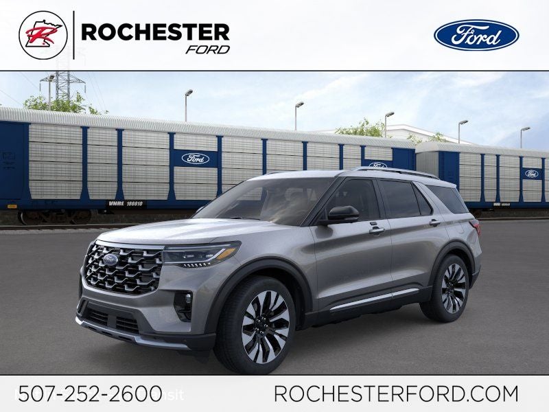 2026 Ford Explorer Platinum w/Fixed Glass Roof + 21" Wheels in Carbonized Gray — front three-quarter view