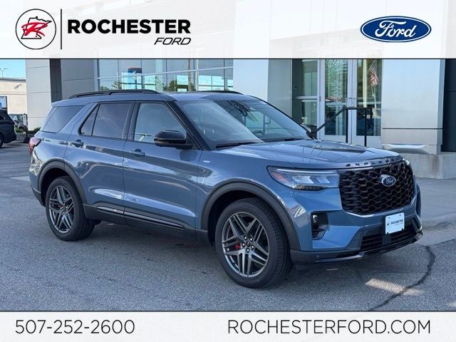 2026 Ford Explorer ST-Line w/Glass Roof + Heated Second Row Seats in Vapor Blue Metallic — front three-quarter view