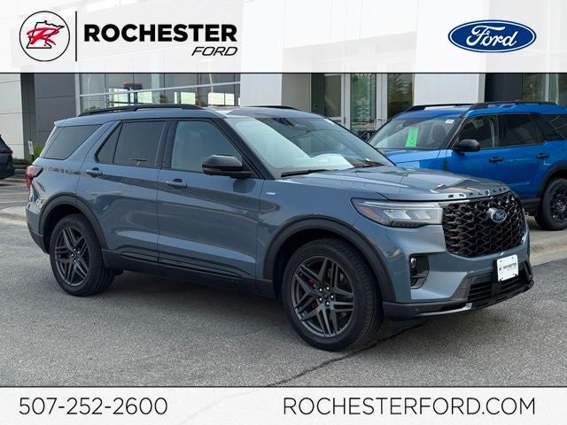 2026 Ford Explorer ST-Line w/Glass Roof + Premium Pkg in Vapor Blue Metallic — front three-quarter view