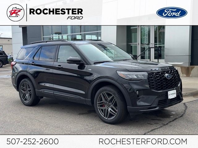2026 Ford Explorer ST-Line w/Glass Roof + Heated Second Row Seats in Agate Black Metallic — front three-quarter view