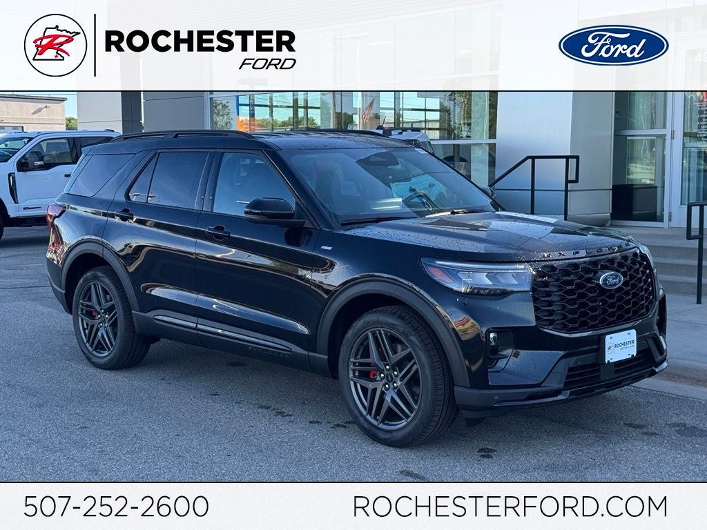 2026 Ford Explorer ST-Line w/Street Pkg in Agate Black Metallic — front three-quarter view