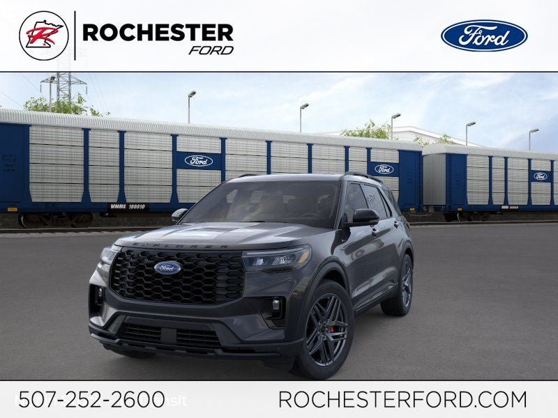 2026 Ford Explorer ST-Line w/Glass Roof + Premium Pkg in Agate Black Metallic — front three-quarter view