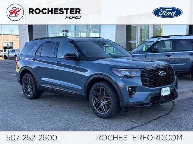 2026 Ford Explorer ST-Line w/Glass Roof + Keyless Entry Keypad in Vapor Blue Metallic — front three-quarter view