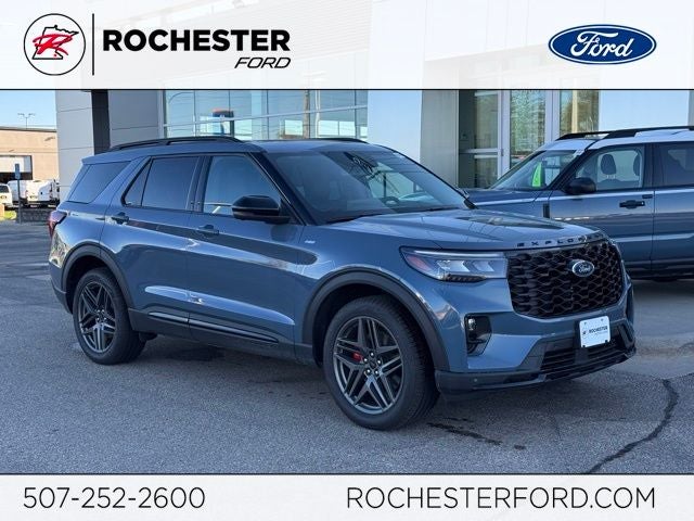 2026 Ford Explorer ST-Line w/Glass Roof + Keyless Entry Keypad in Vapor Blue Metallic — front three-quarter view