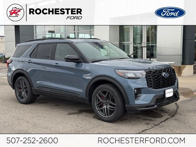 2026 Ford Explorer ST-Line w/Glass Roof + Street Pack in Vapor Blue Metallic — front three-quarter view