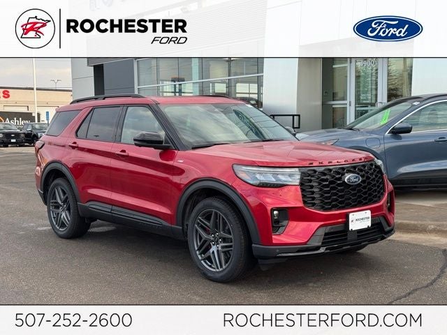 2026 Ford Explorer ST-Line in Rapid Red Metallic Tinted Clearcoat — front three-quarter view