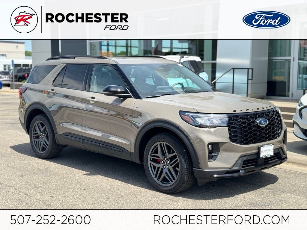 2026 Ford Explorer ST-Line in Marsh Gray — front three-quarter view
