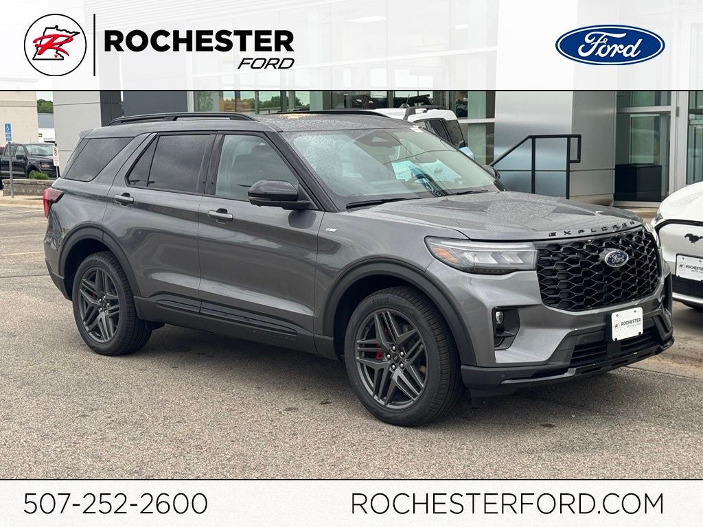 2026 Ford Explorer ST-Line w/Glass Roof + Premium Pkg in Carbonized Gray — front three-quarter view