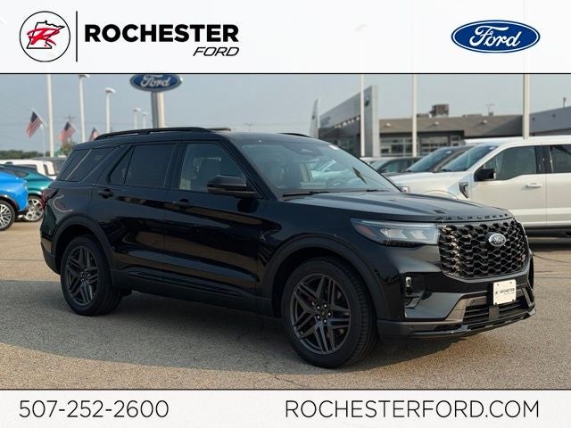 2026 Ford Explorer ST w/Glass Roof + Massaging Seats in Agate Black Metallic — front three-quarter view