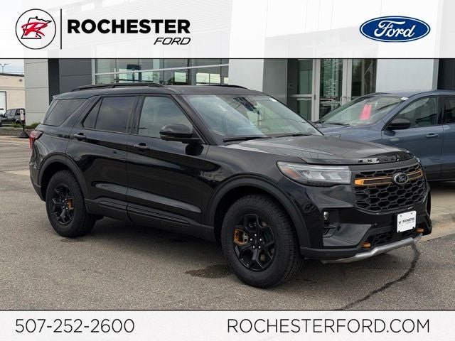 2026 Ford Explorer Tremor w/Massaging Seats + Glass Roof in Agate Black Metallic — front three-quarter view