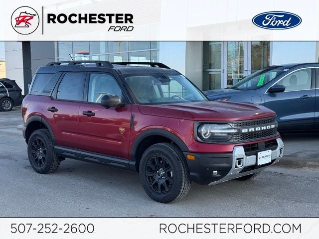 2026 Ford Bronco Sport Badlands in Ruby Red Metallic Tinted Clearcoat — front three-quarter view